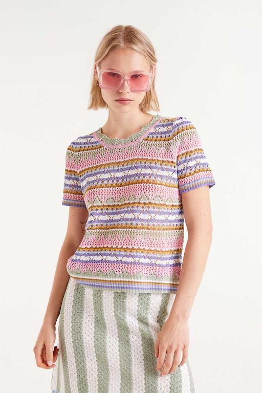 Top in maglia traforata a righe multicolor
