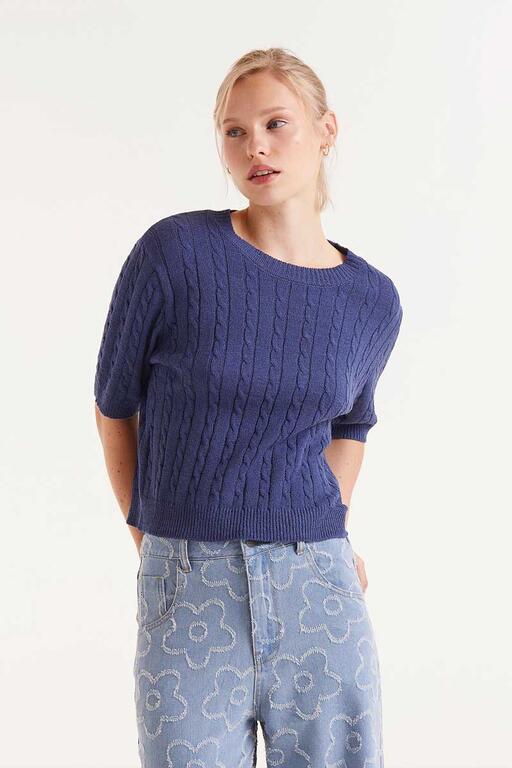 Maglione lavorato a maglia a maniche corte blu navy