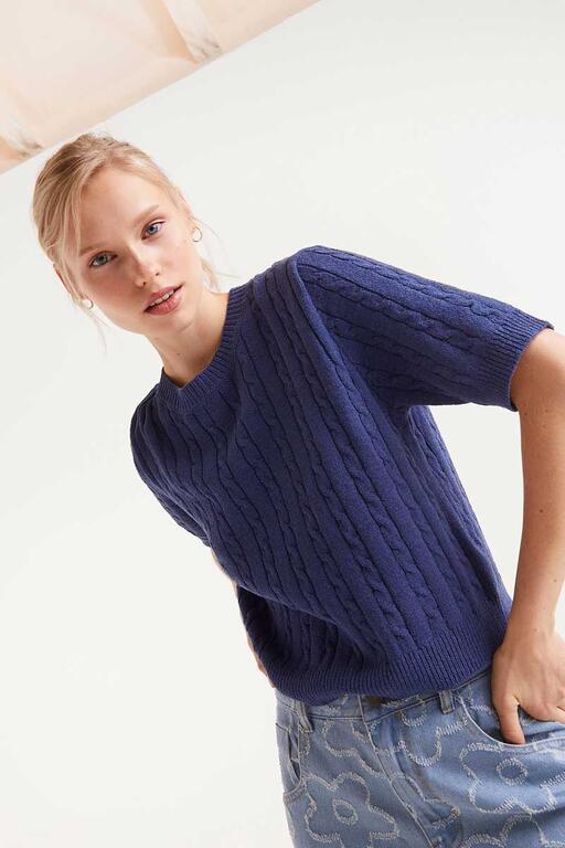 Maglione lavorato a maglia a maniche corte blu navy