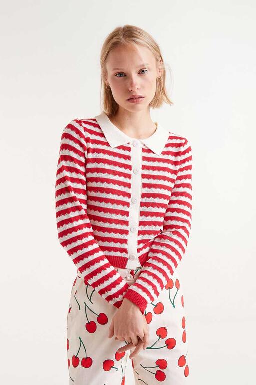 Cardigan a collo alto a righe rosse