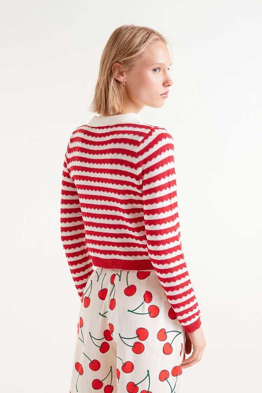 Cardigan a collo alto a righe rosse