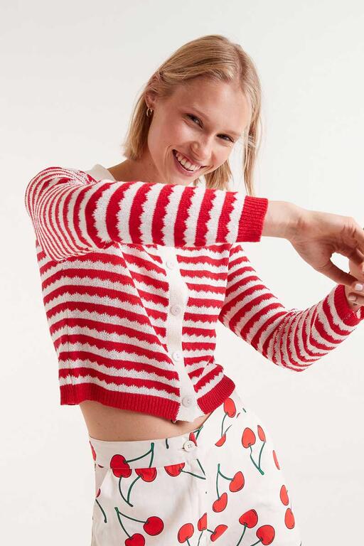 Cardigan a collo alto a righe rosse