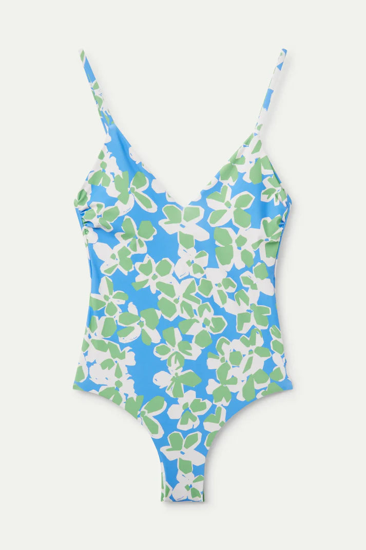 Costume da bagno con scollo a V e stampa blu acquatica