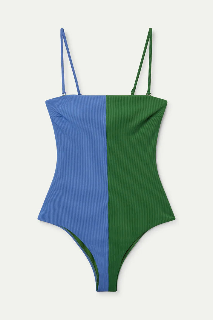 Costume da bagno bicolore blu con scollo dritto