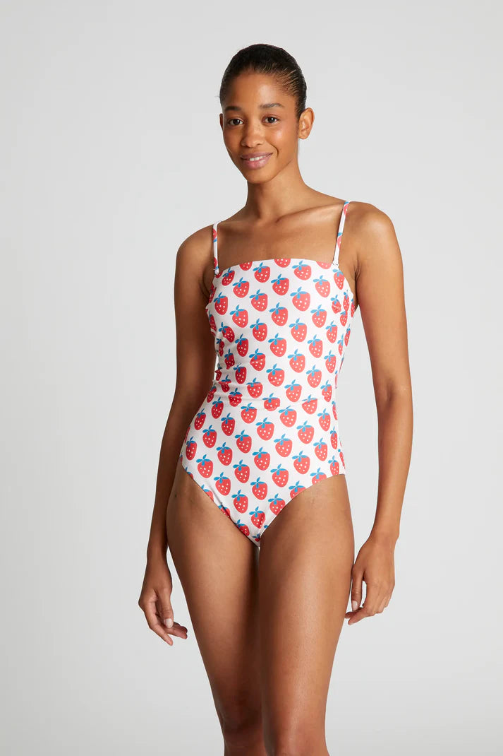Costume da bagno con scollatura dritta e stampa Strawberry Beach