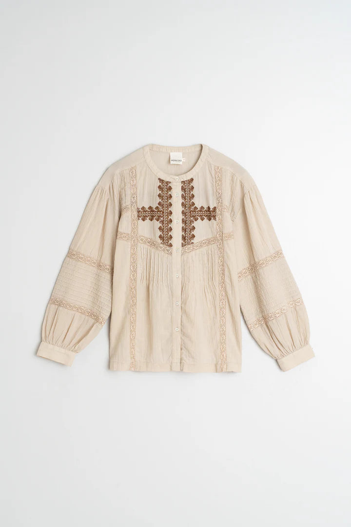 Camicia collo coreana con ricami etnici