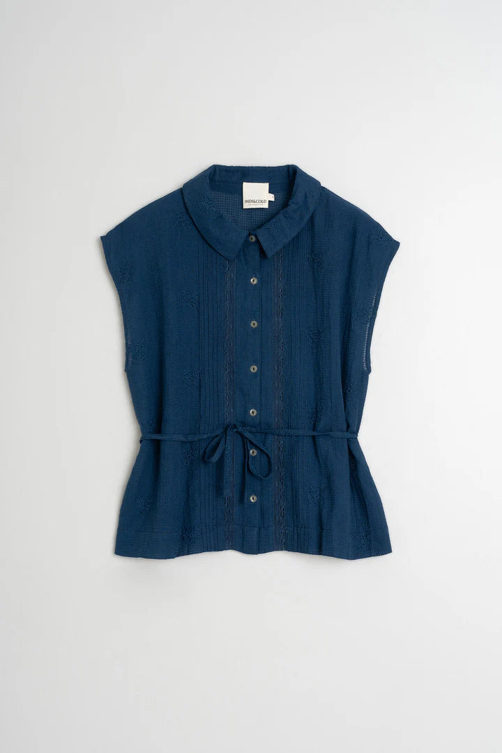 Camicetta smanicata con ricami indigo blue