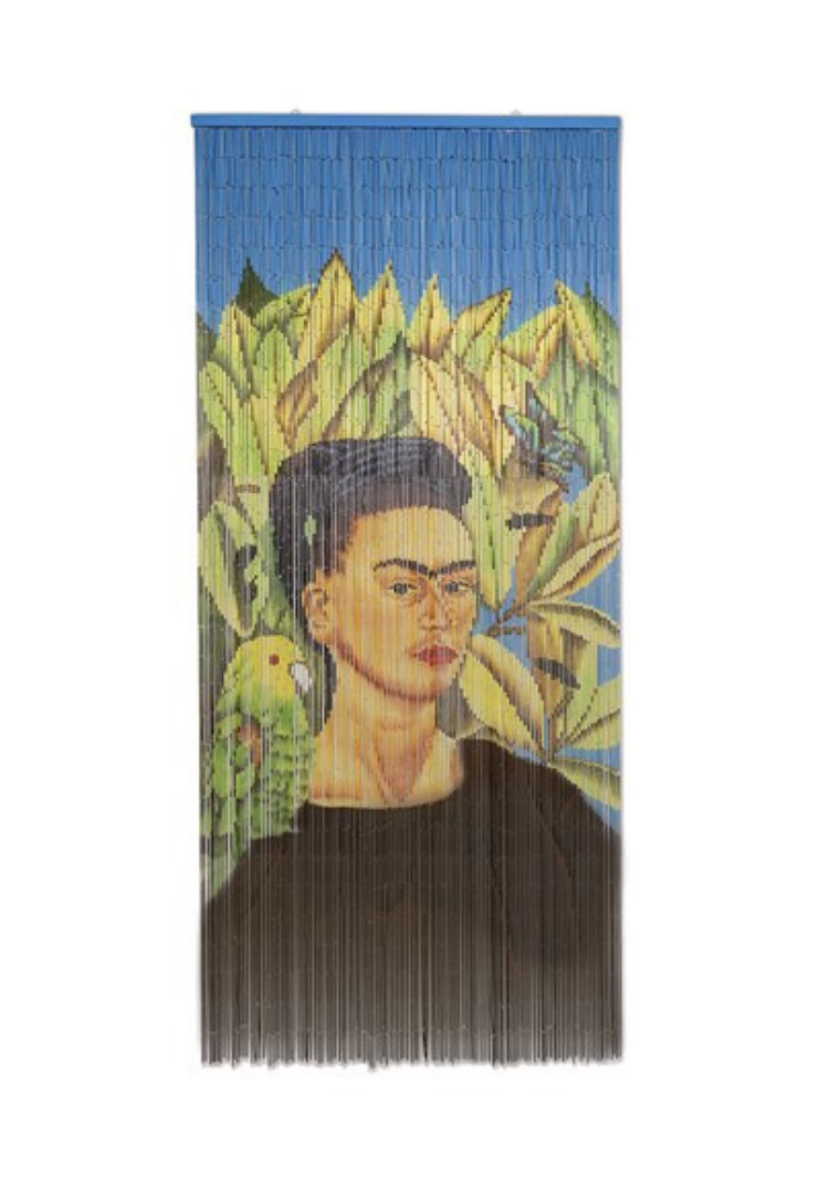 Tenda ombreggiante con fili in bamboo illustrata Frida Kahlo con pappagallo