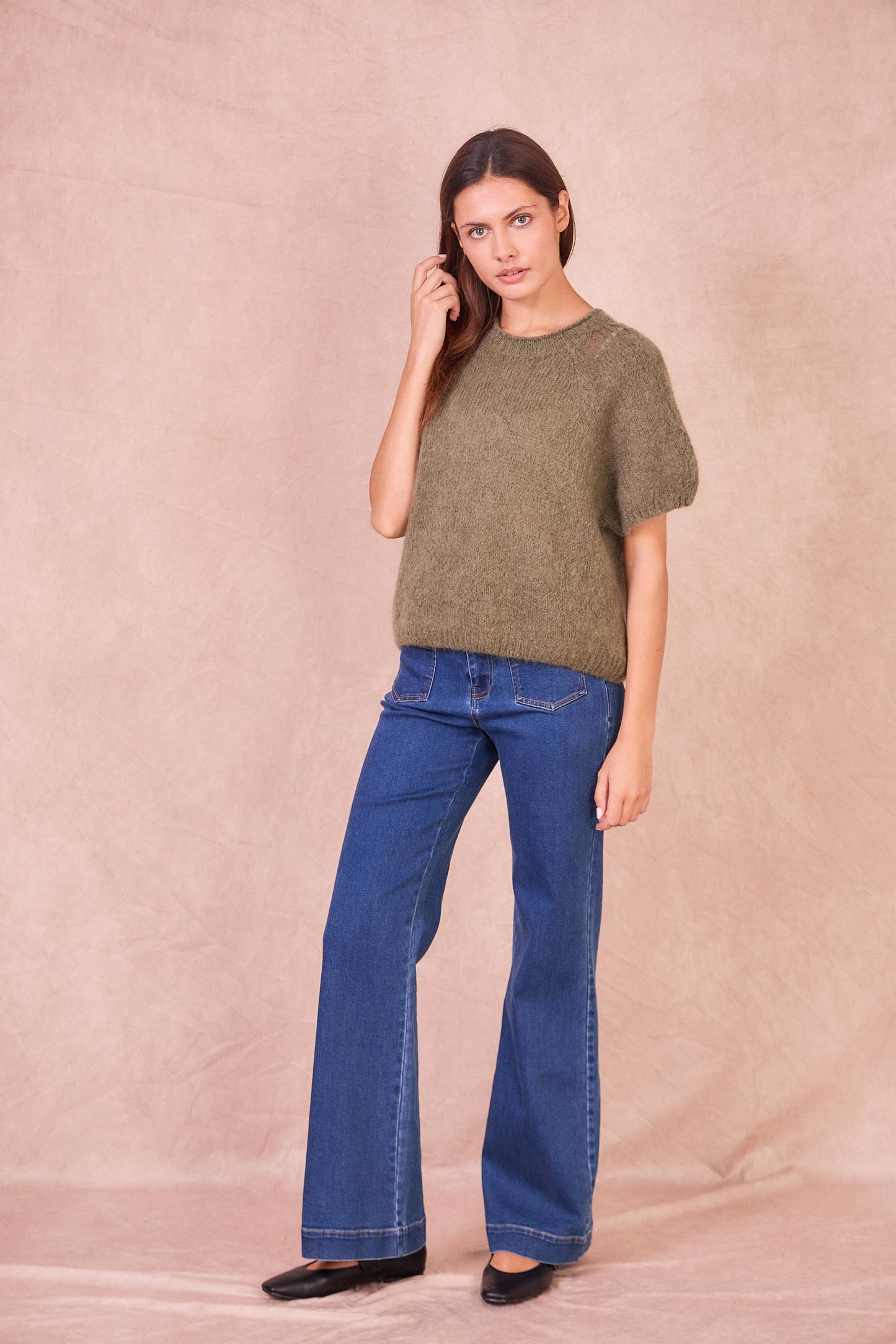 Maglione a Maniche Corte in Misto Mohair: Taupe