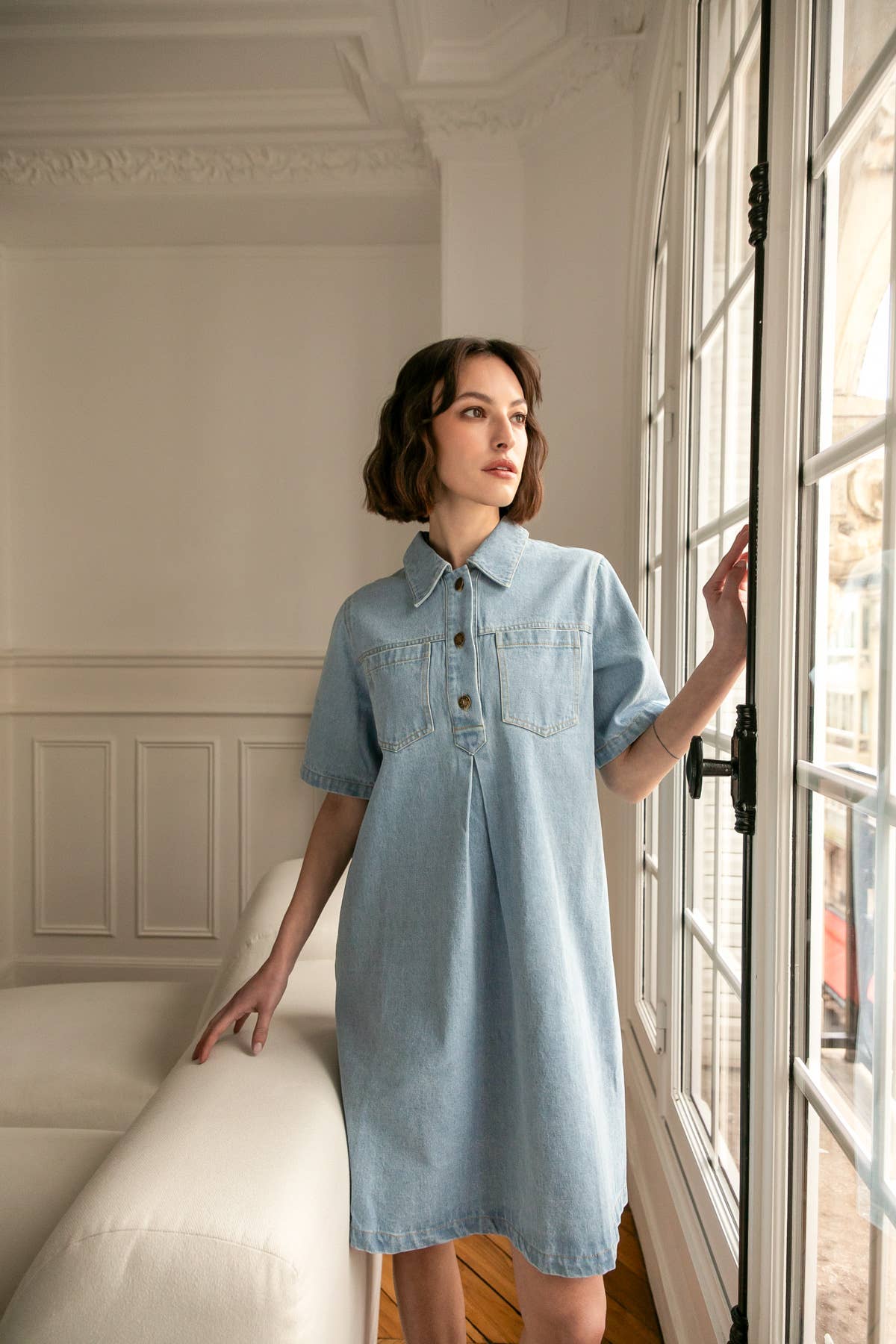 Abito corto in denim Dalia con collo camicia