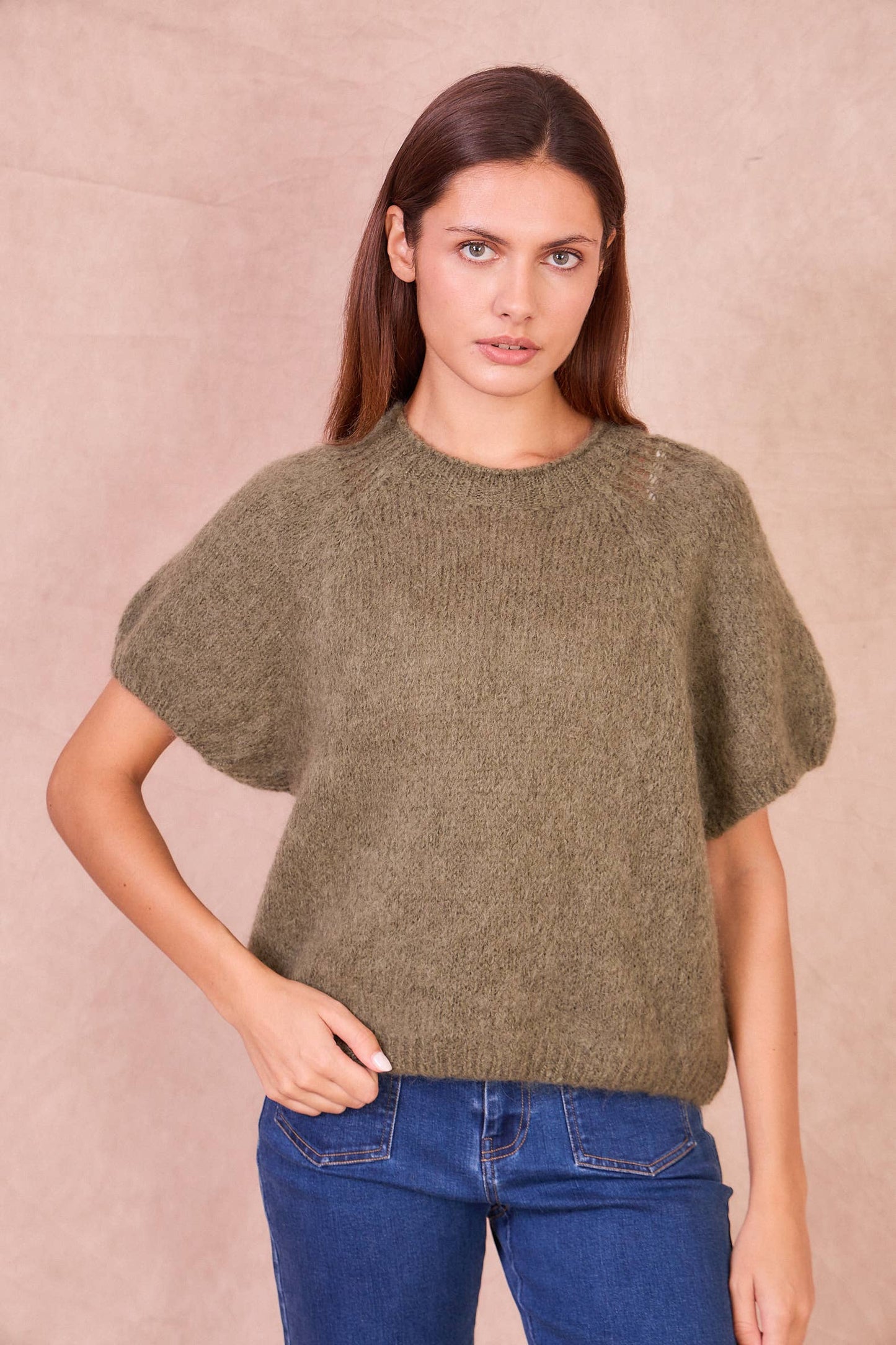 Maglione a Maniche Corte in Misto Mohair: Taupe