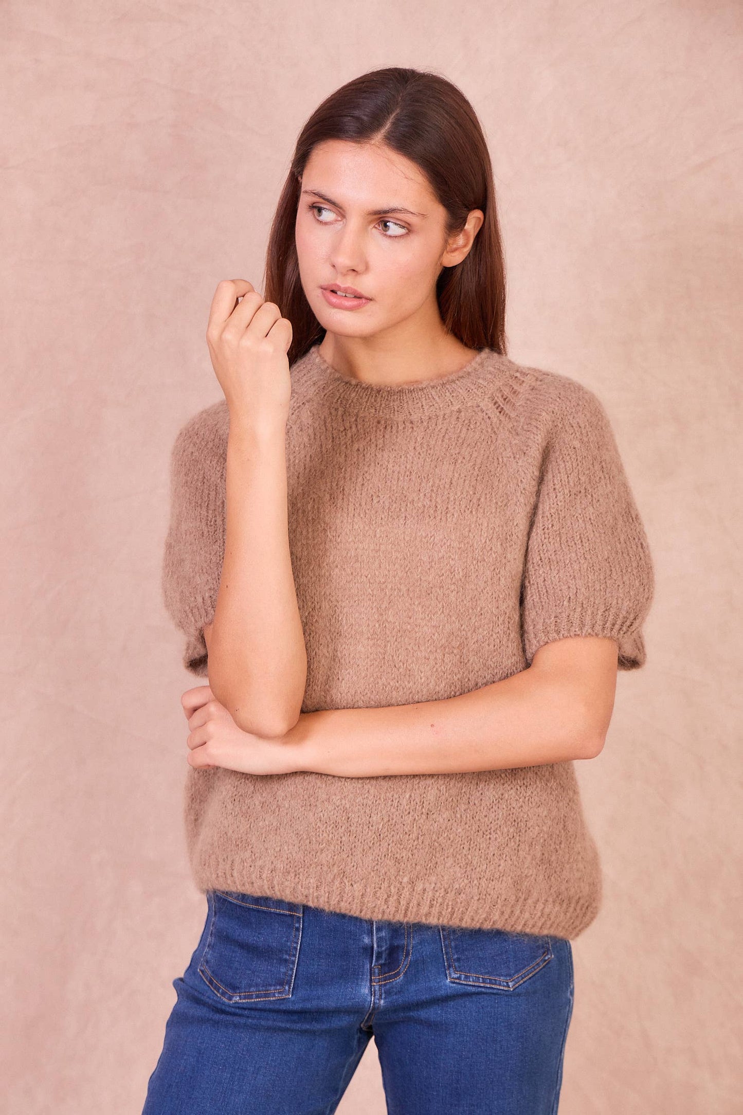 Maglione a Maniche Corte in Misto Mohair: Taupe