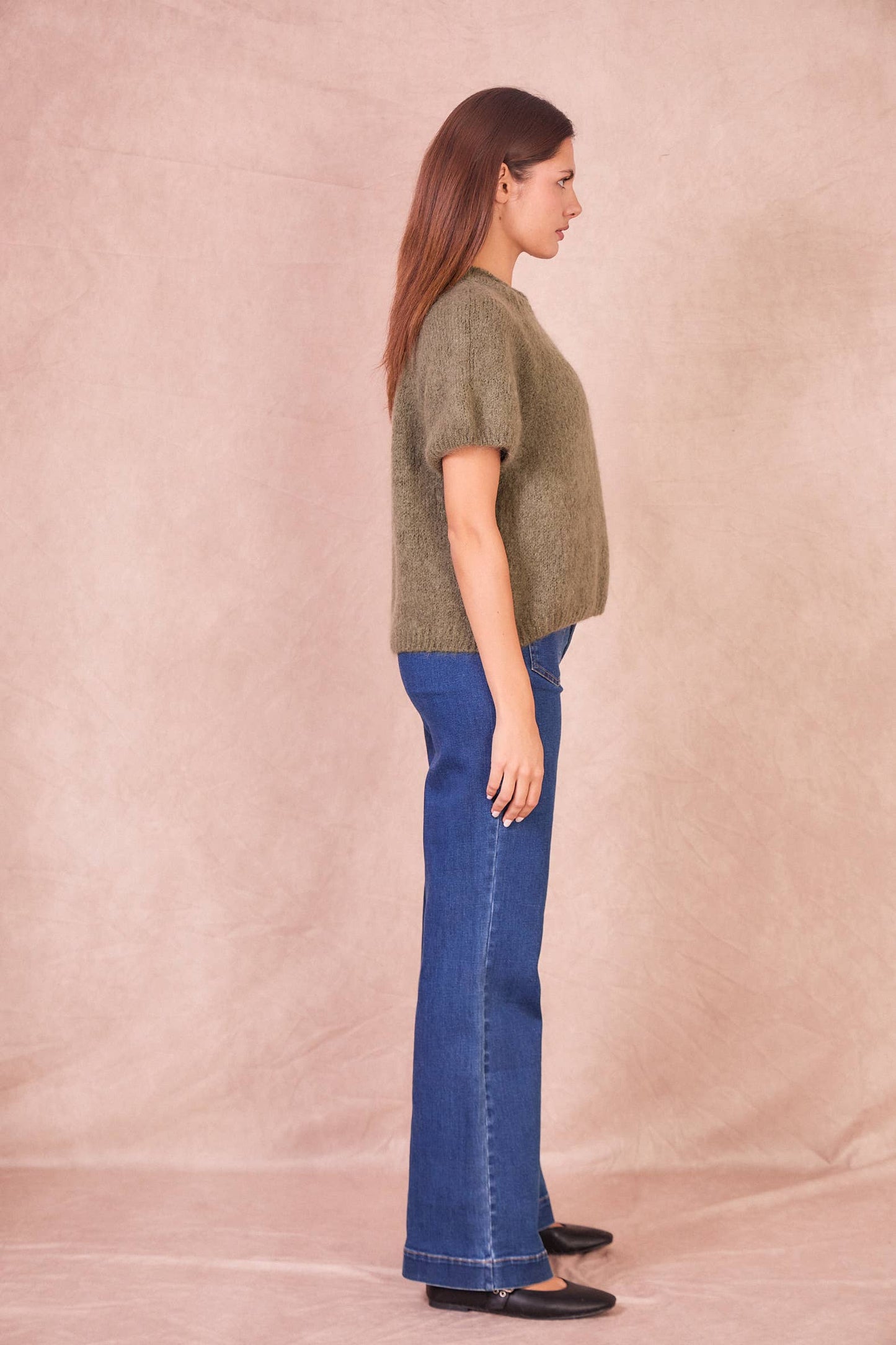 Maglione a Maniche Corte in Misto Mohair: Taupe