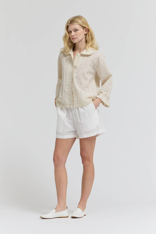 42150HS - CAMICIA A MANICHE CON PIEGHE A BALZA A QUADRI