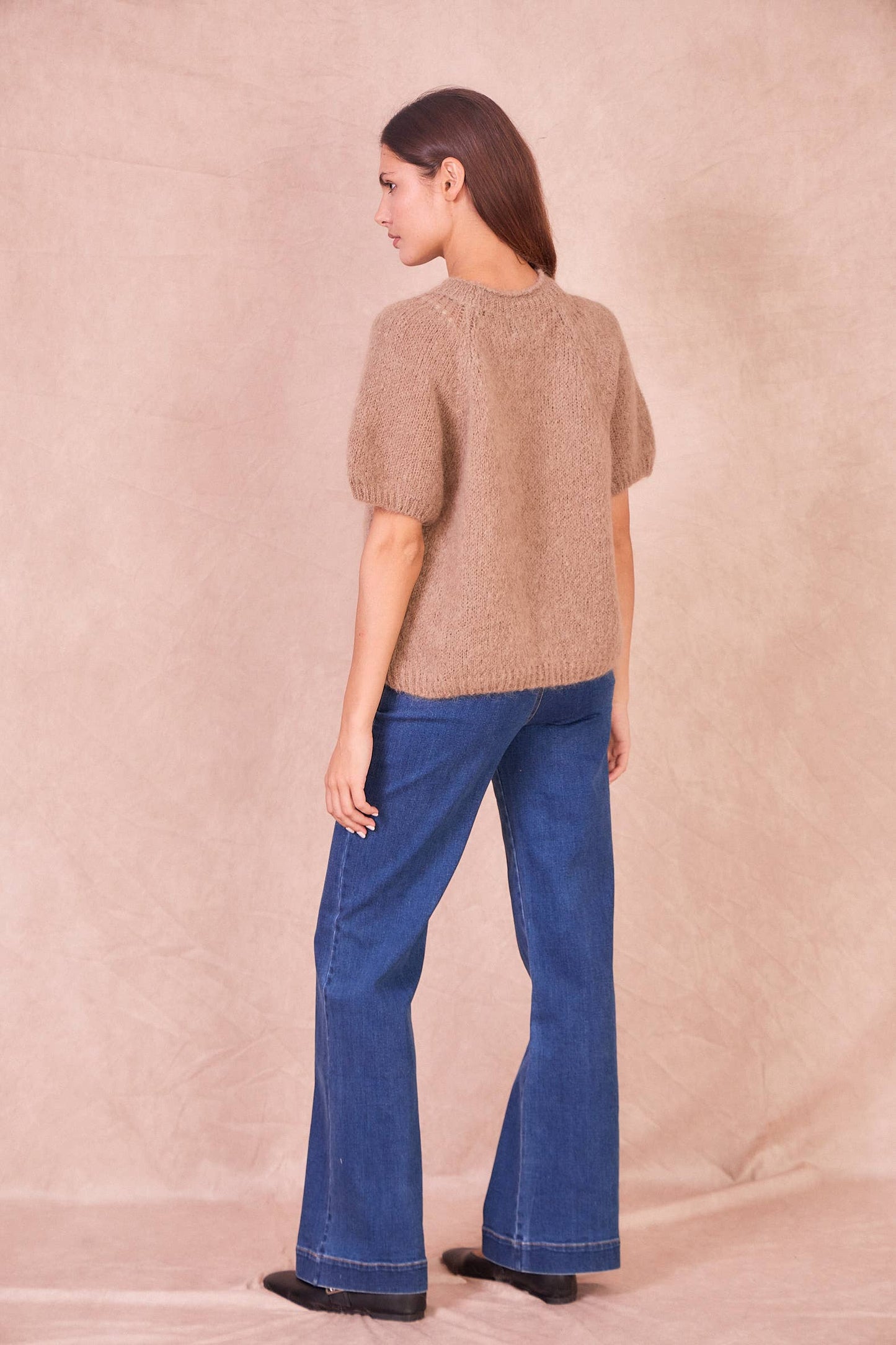 Maglione a Maniche Corte in Misto Mohair: Taupe