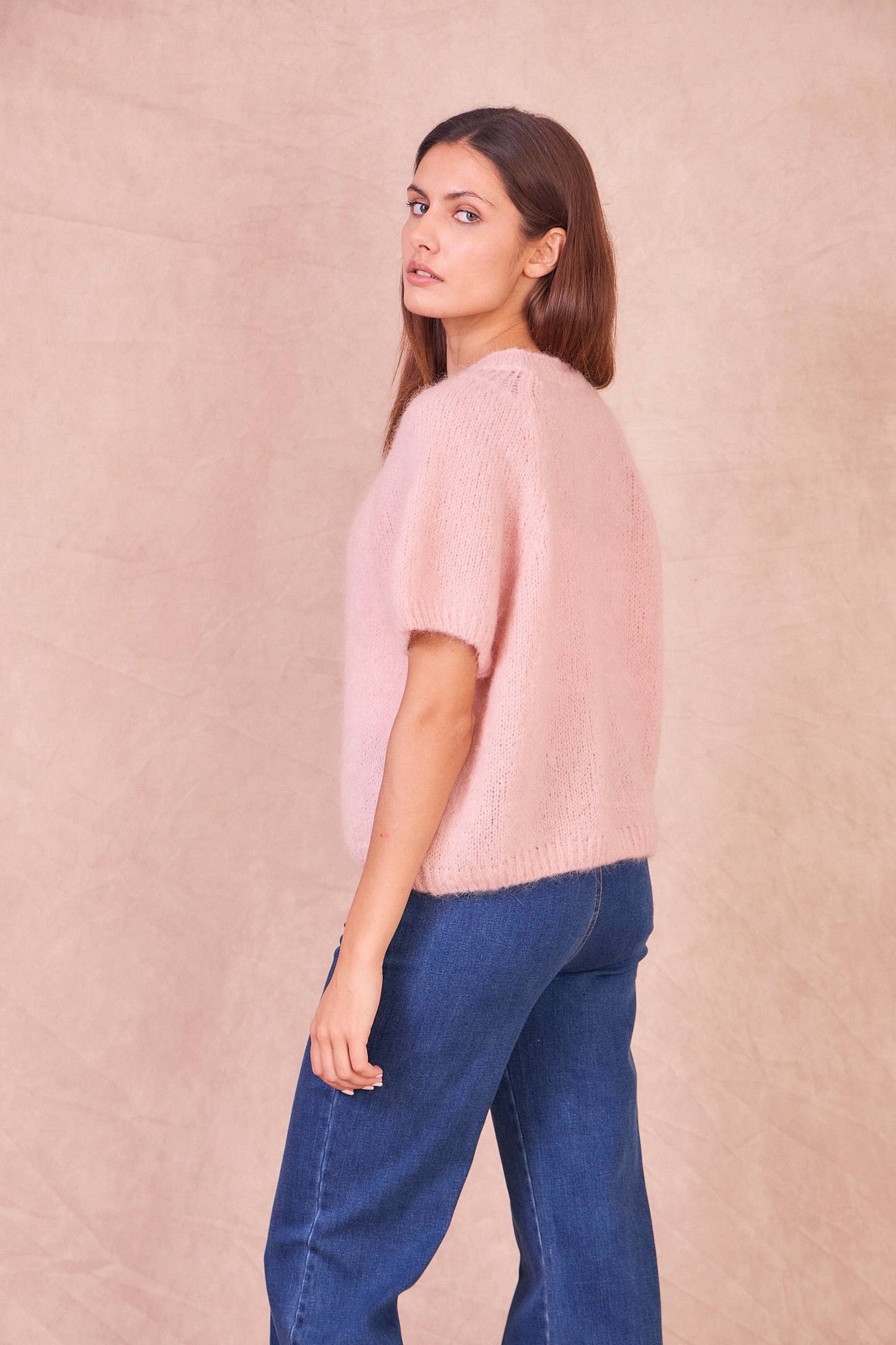 Maglione a Maniche Corte in Misto Mohair: Taupe