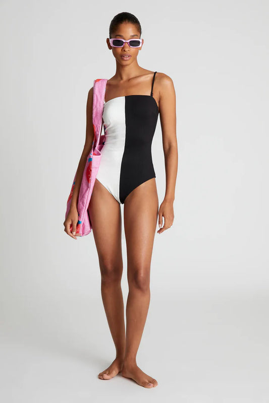 Costume da bagno bicolore nero con scollatura dritta