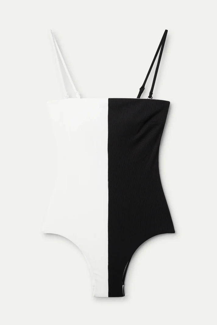 Costume da bagno bicolore nero con scollatura dritta