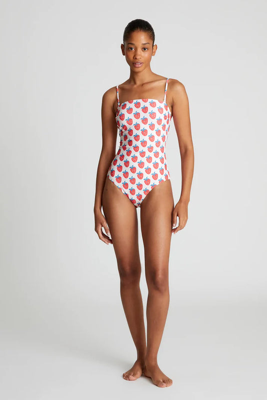 Costume da bagno con scollatura dritta e stampa Strawberry Beach