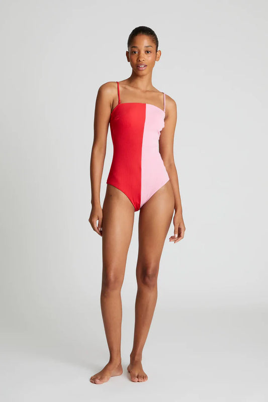 Costume da bagno bicolore rosso con scollo dritto