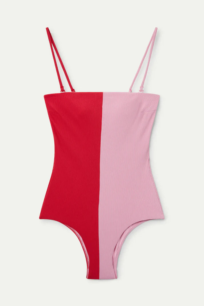 Costume da bagno bicolore rosso con scollo dritto