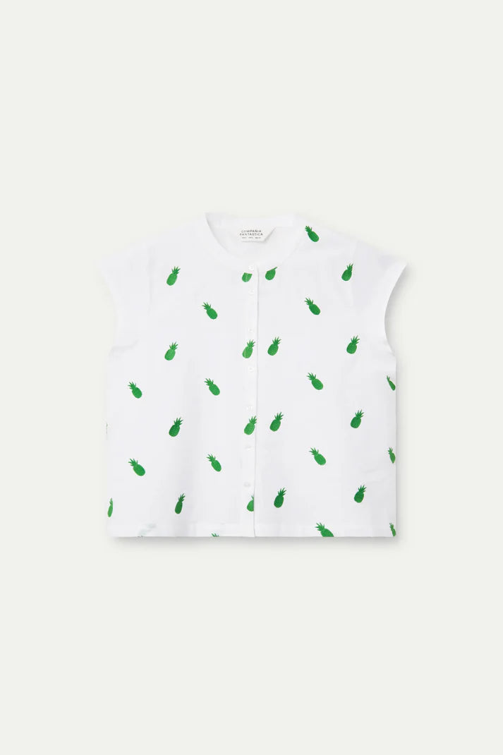 Camicia bianca con collo alla coreana e motivo ananas