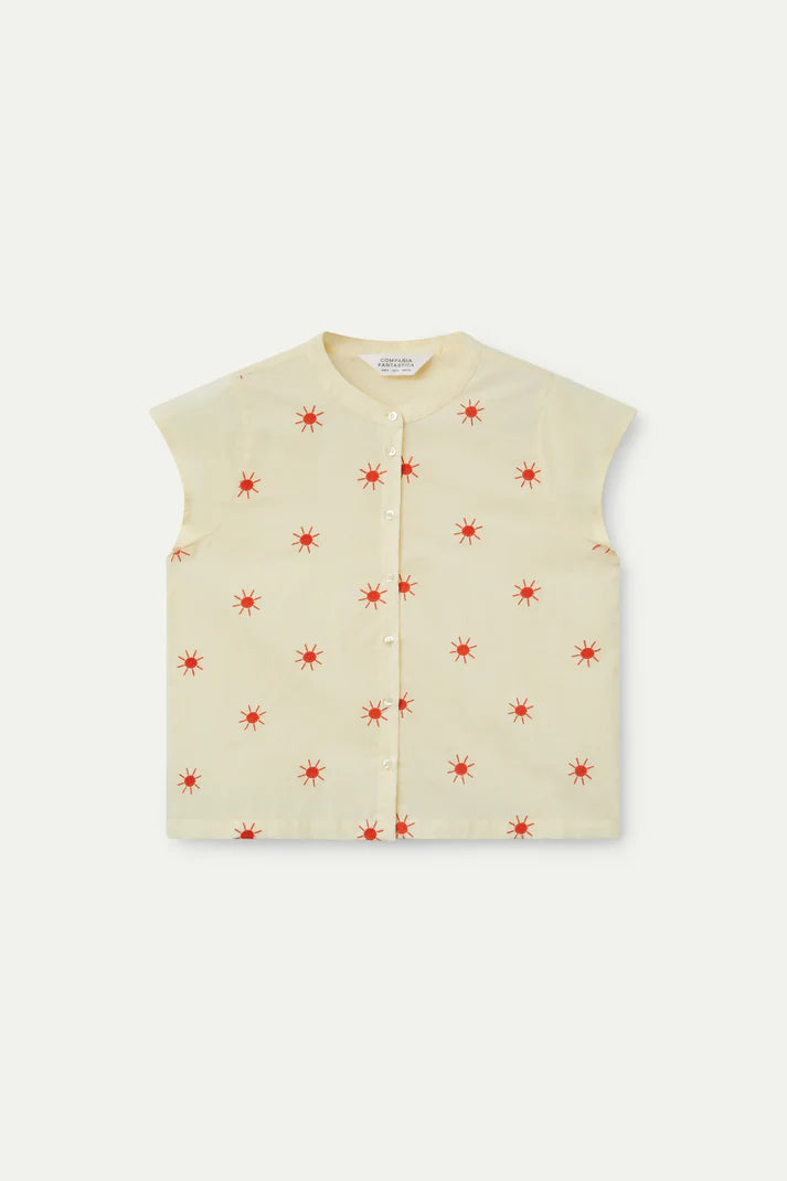 Camicia gialla con colletto alla coreana e soli ricamati
