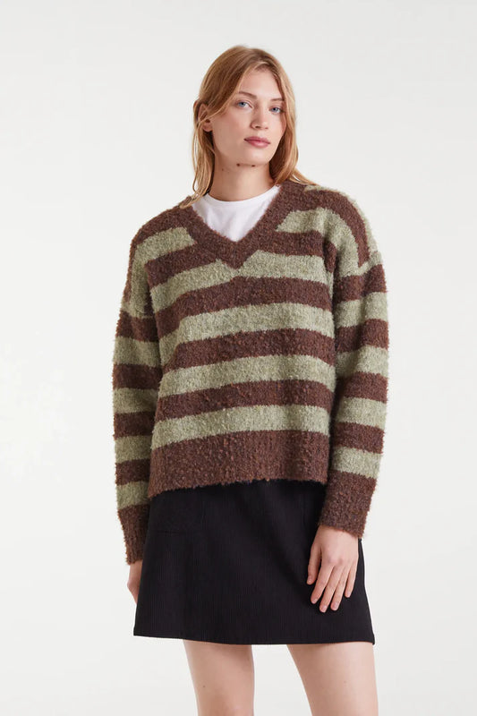 Maglione lavorato a maglia testurizzato a righe marroni e verdi