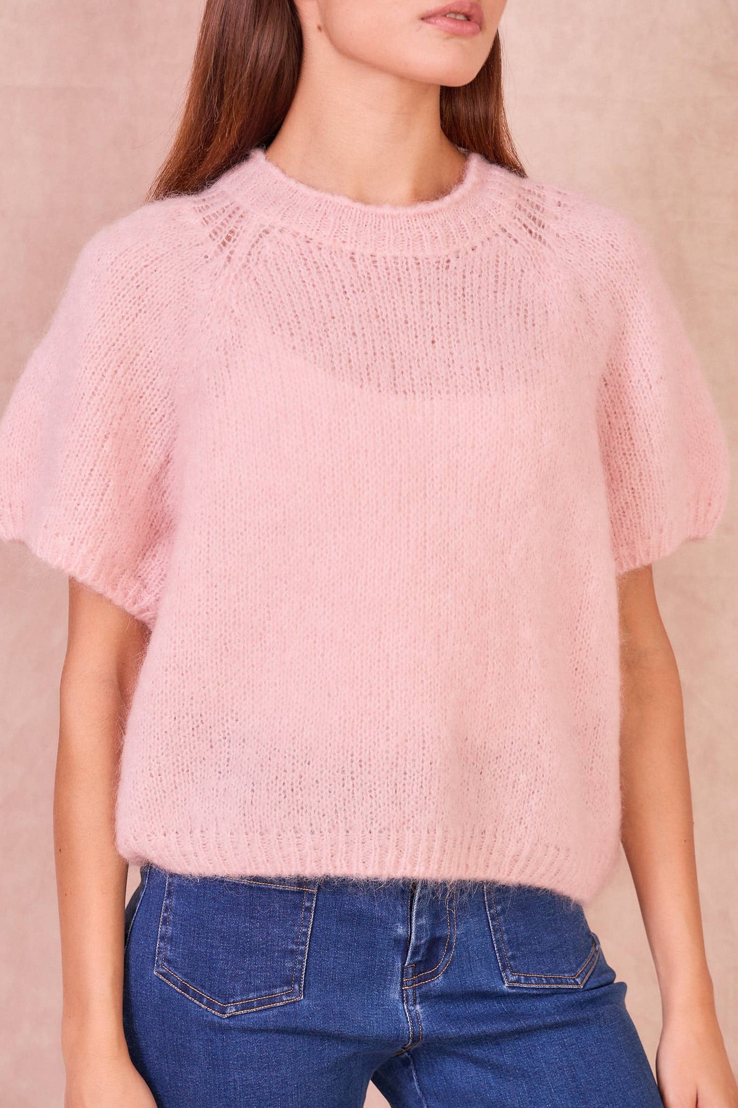 Maglione a Maniche Corte in Misto Mohair: Taupe