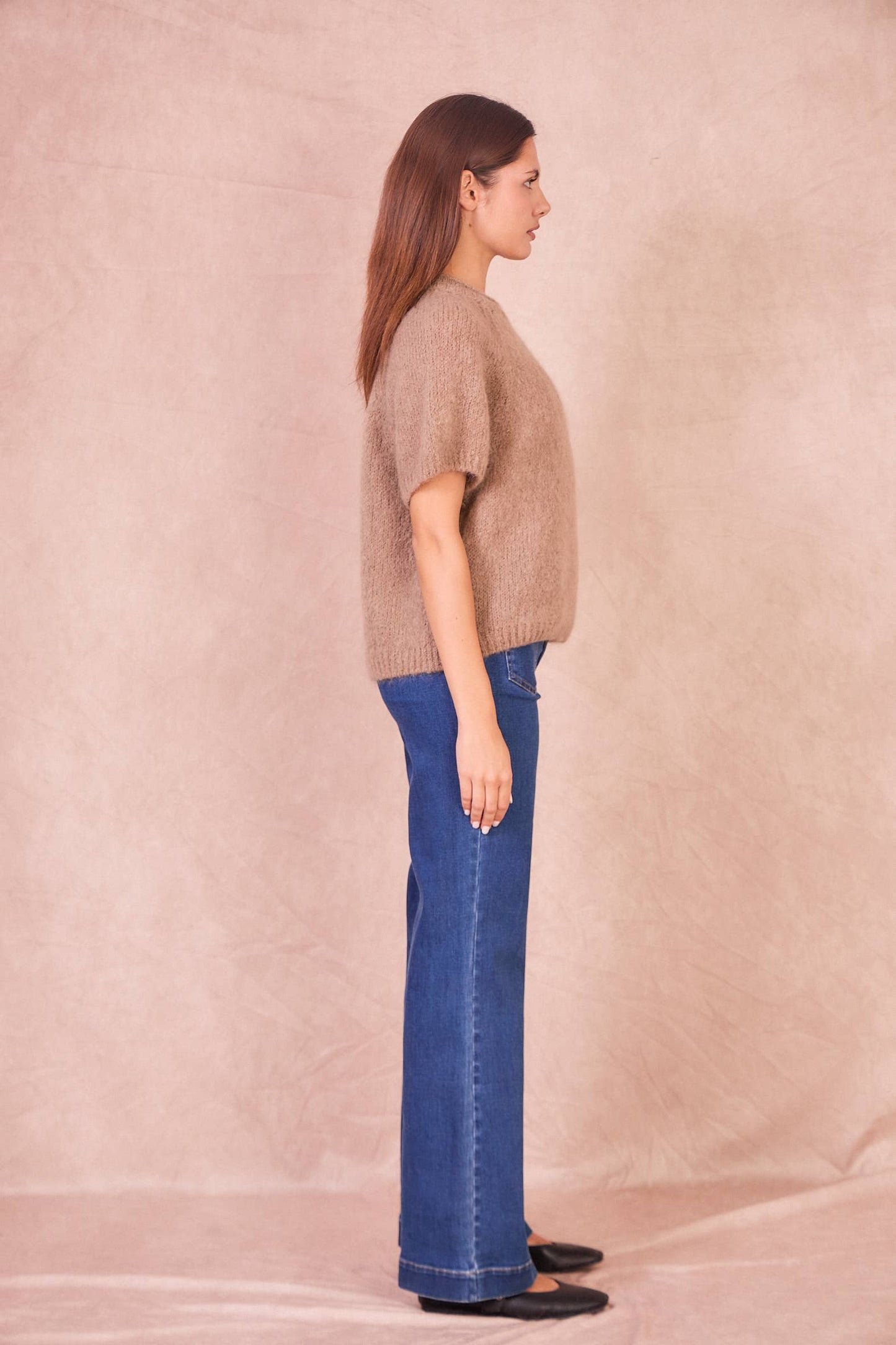 Maglione a Maniche Corte in Misto Mohair: Taupe