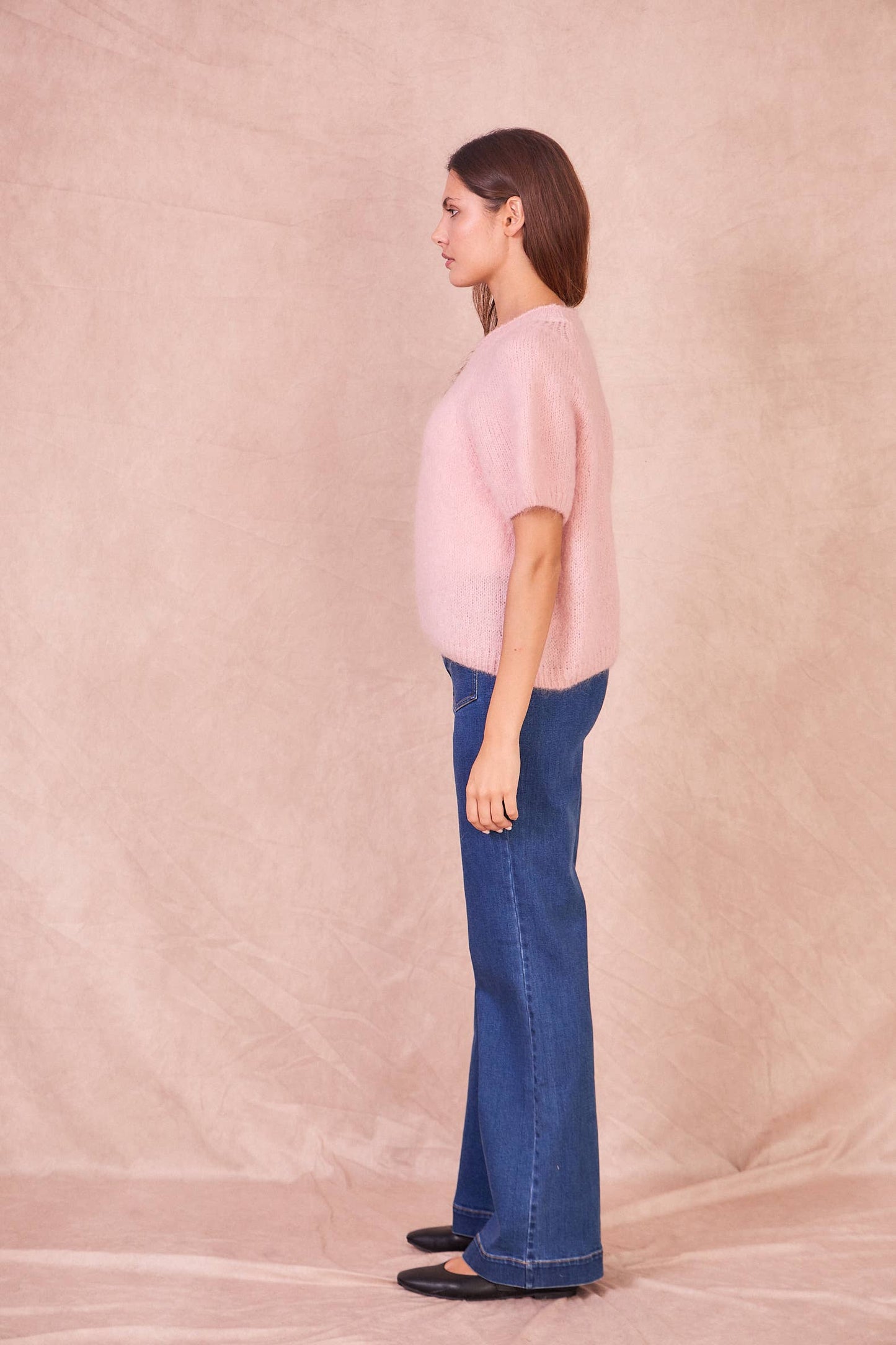 Maglione a Maniche Corte in Misto Mohair: Taupe