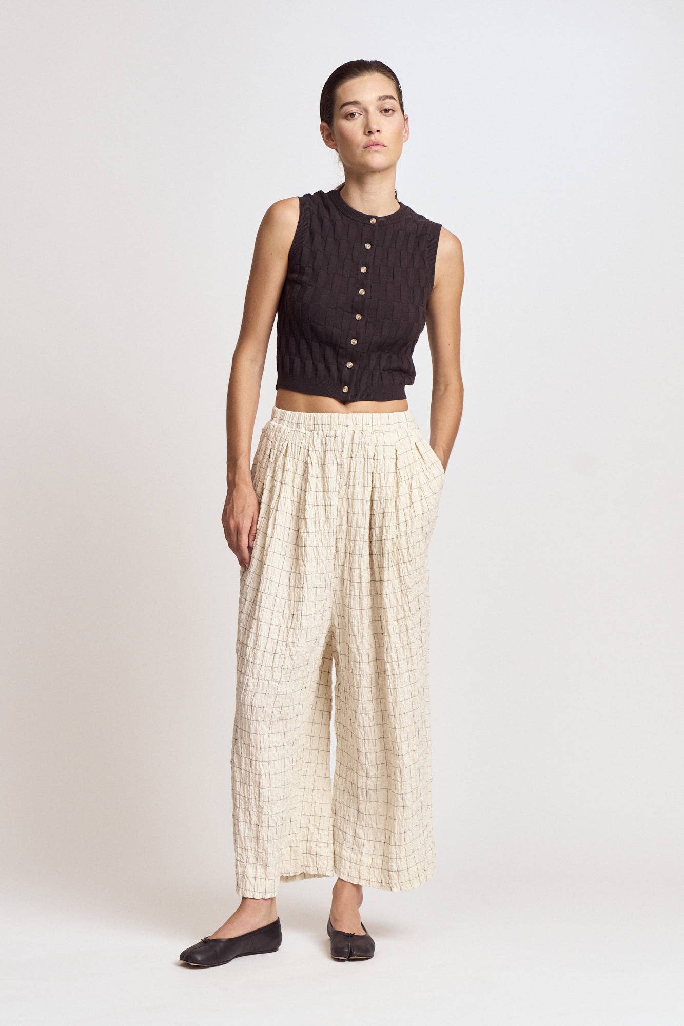 50932 - PANTALONI IN GARZA A QUADRI: CREAM / Contemporary / LARGE