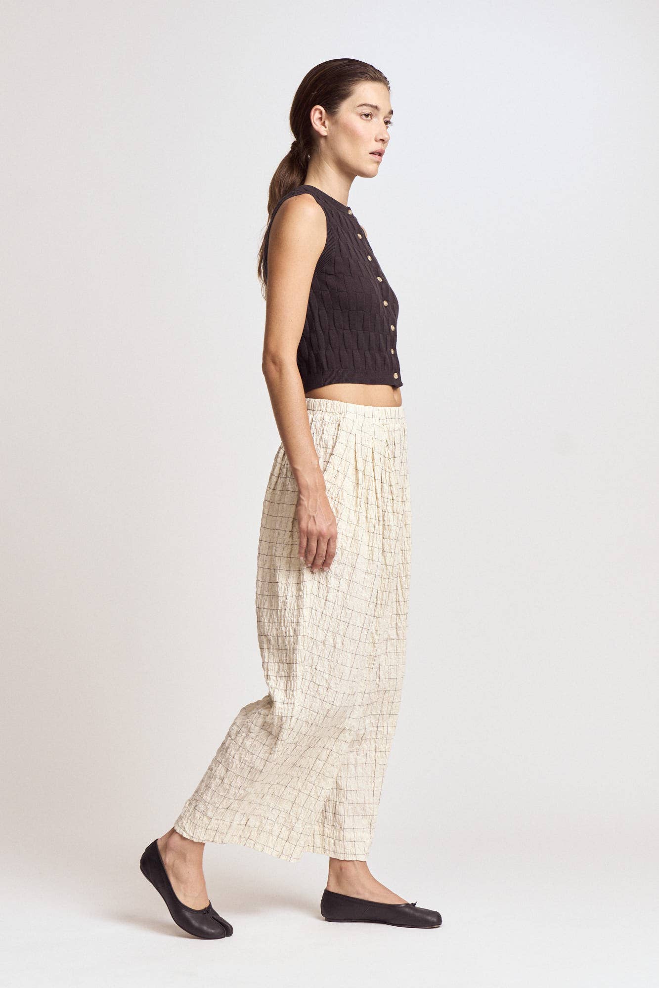 50932 - PANTALONI IN GARZA A QUADRI: CREAM / Contemporary / MEDIUM