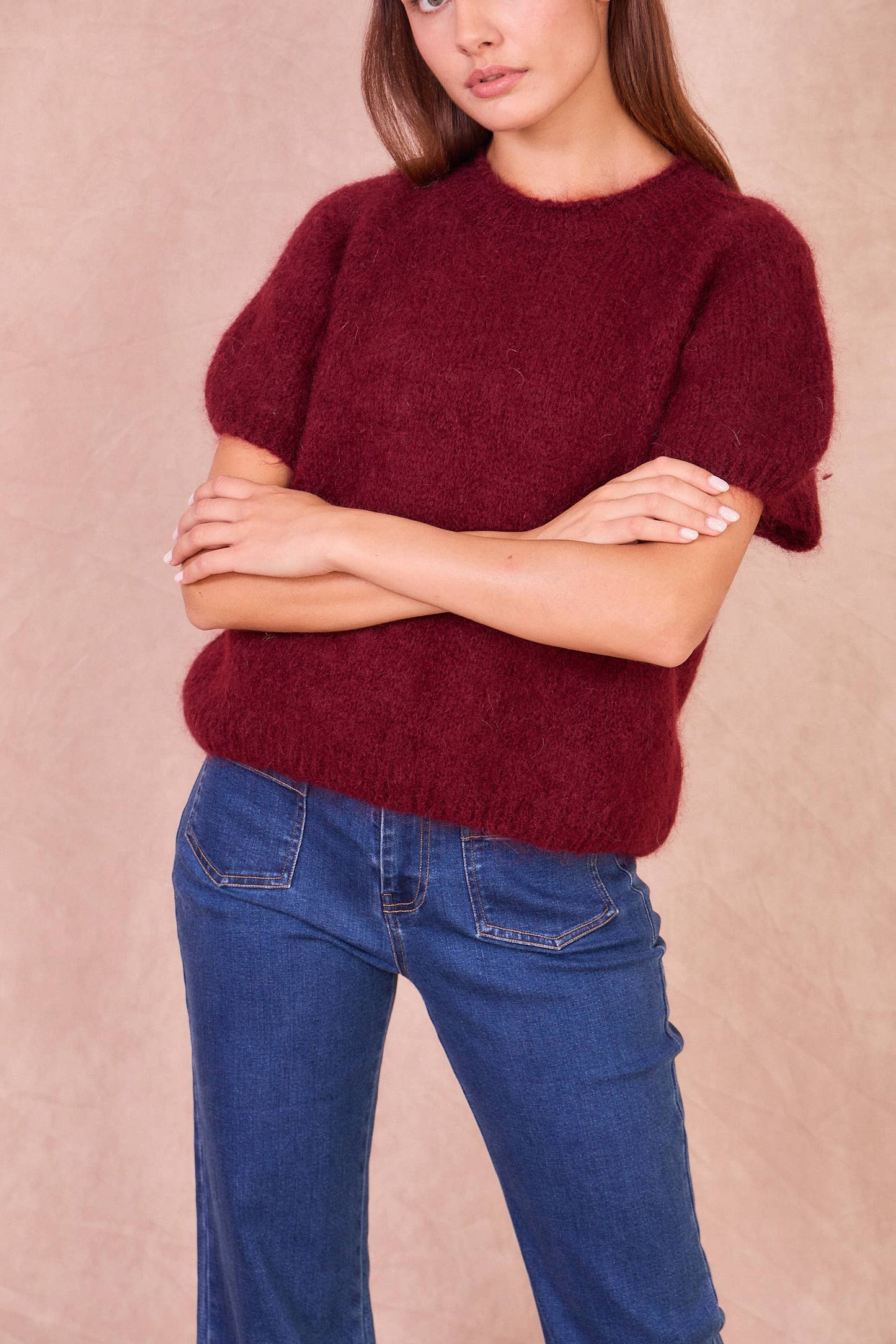 Maglione a Maniche Corte in Misto Mohair: Taupe