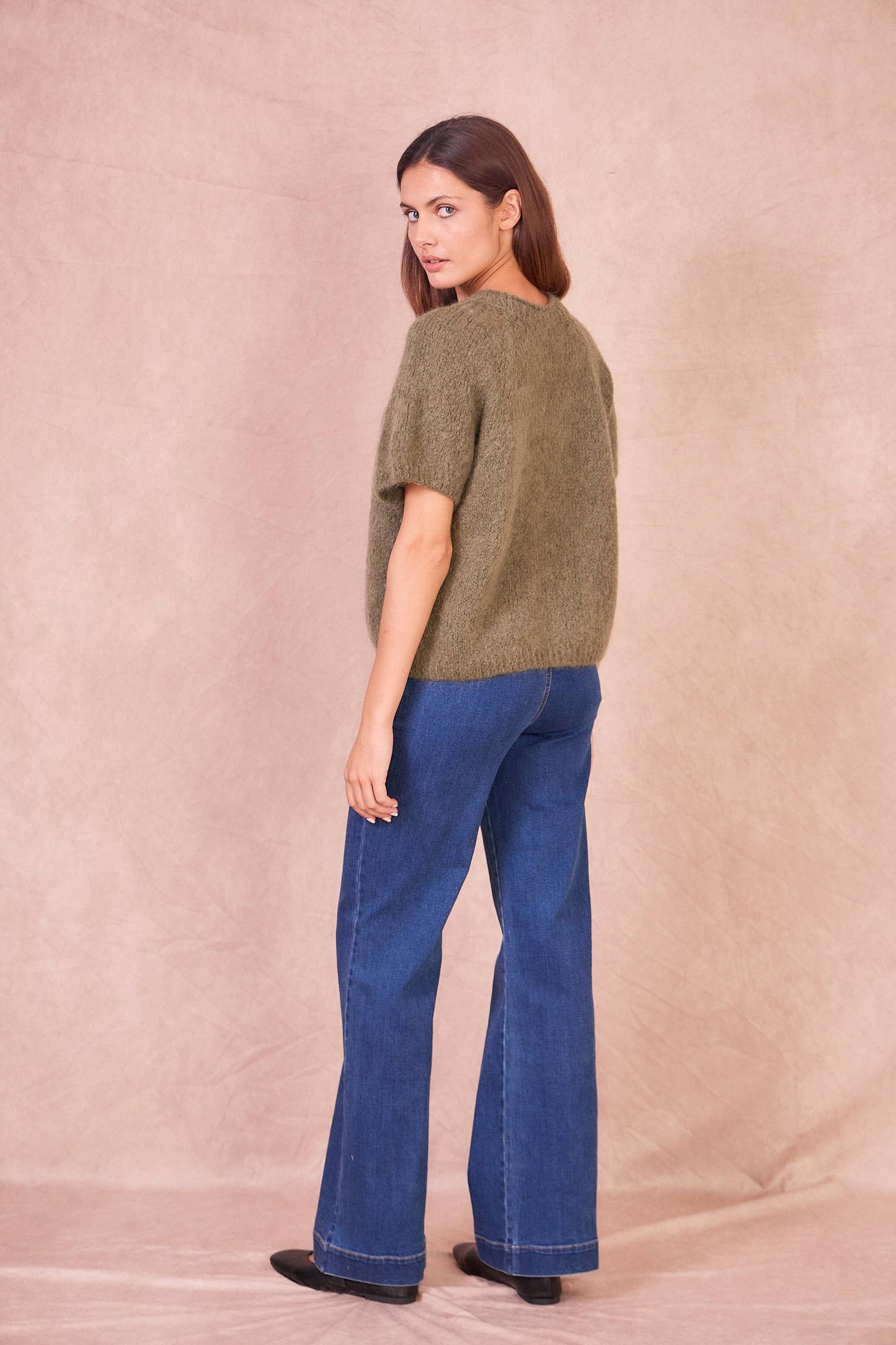 Maglione a Maniche Corte in Misto Mohair: Taupe