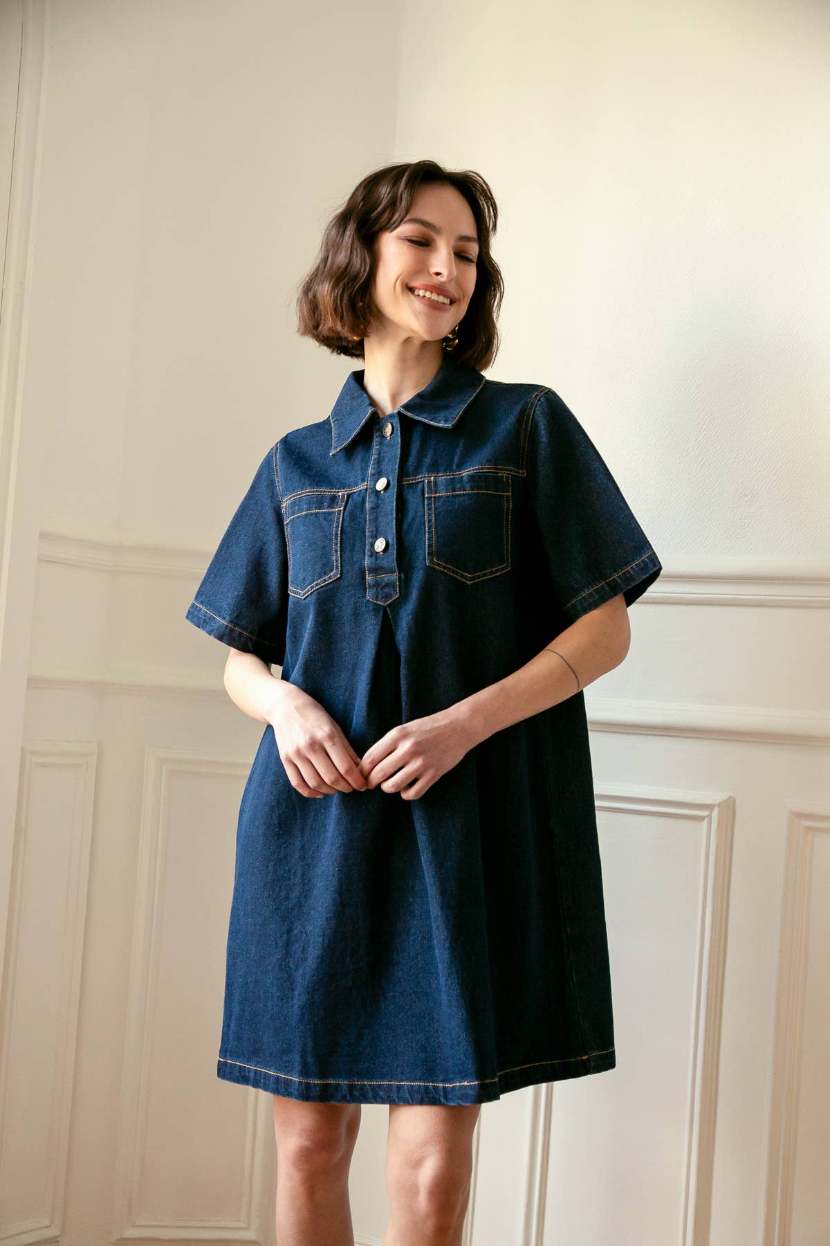 Abito corto in denim Dalia con collo camicia