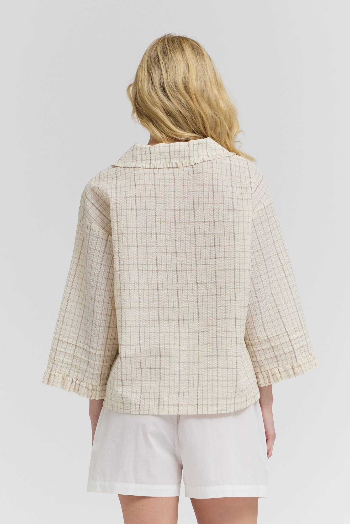 42150HS - CAMICIA A MANICHE CON PIEGHE A BALZA A QUADRI