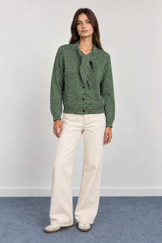 Pull con bottoni a righe in maglia con fiocco al collo