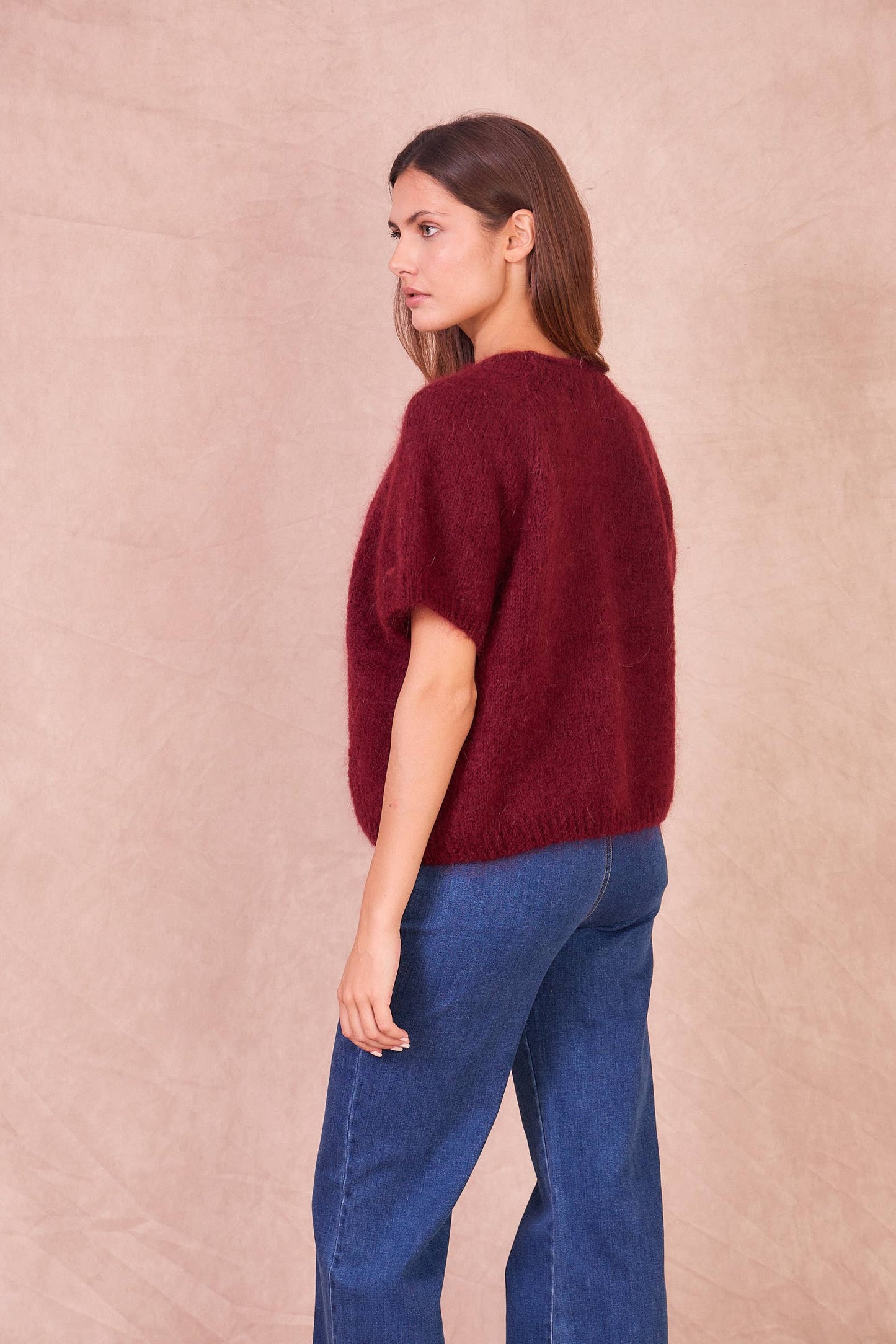 Maglione a Maniche Corte in Misto Mohair: Taupe