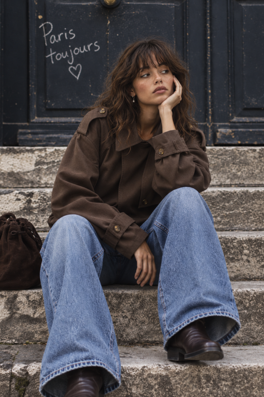 Trench corto donna con risvolti e patte con bottoni