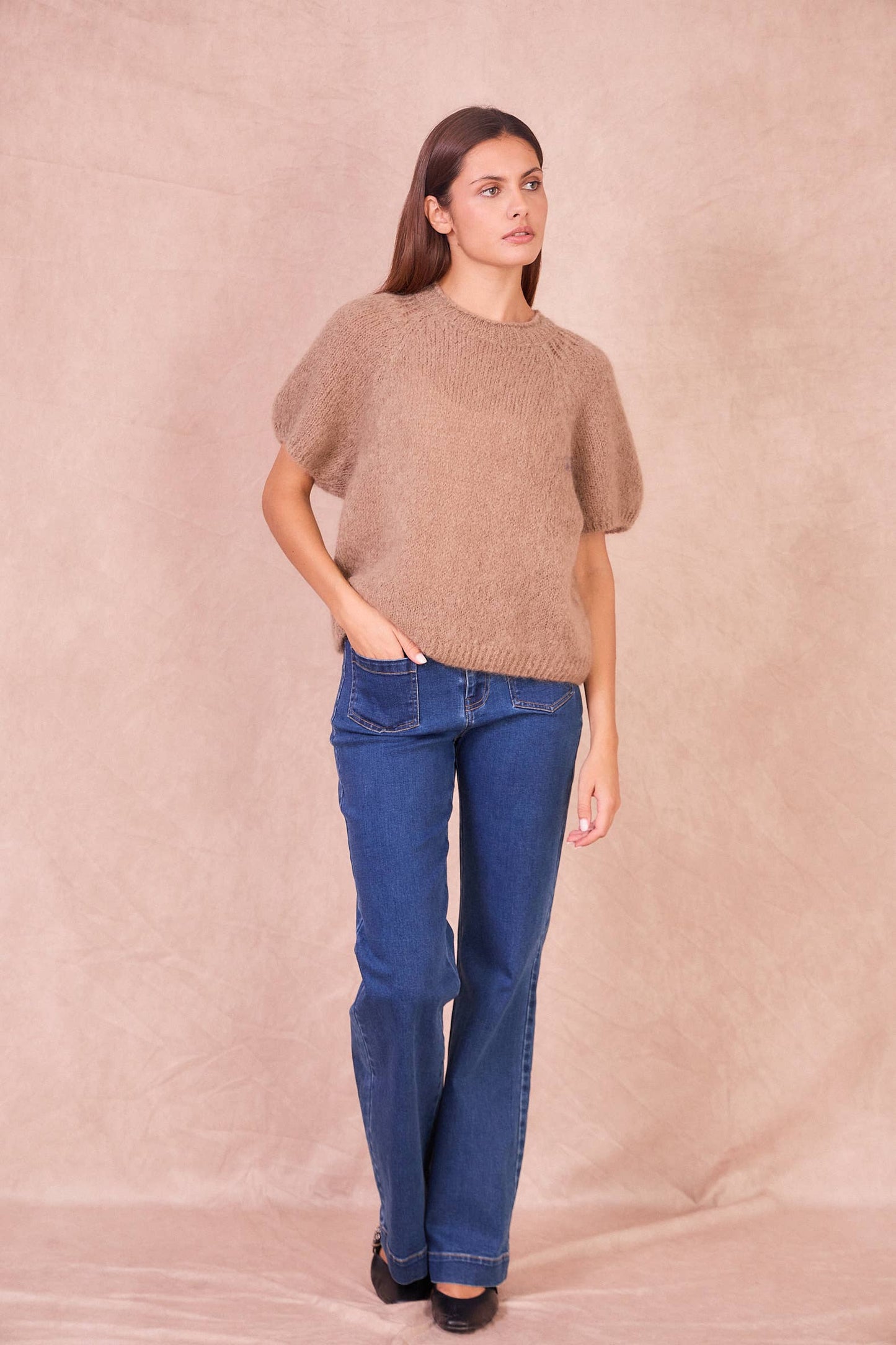 Maglione a Maniche Corte in Misto Mohair: Taupe