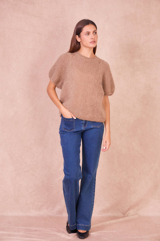 Maglione a Maniche Corte in Misto Mohair: Taupe