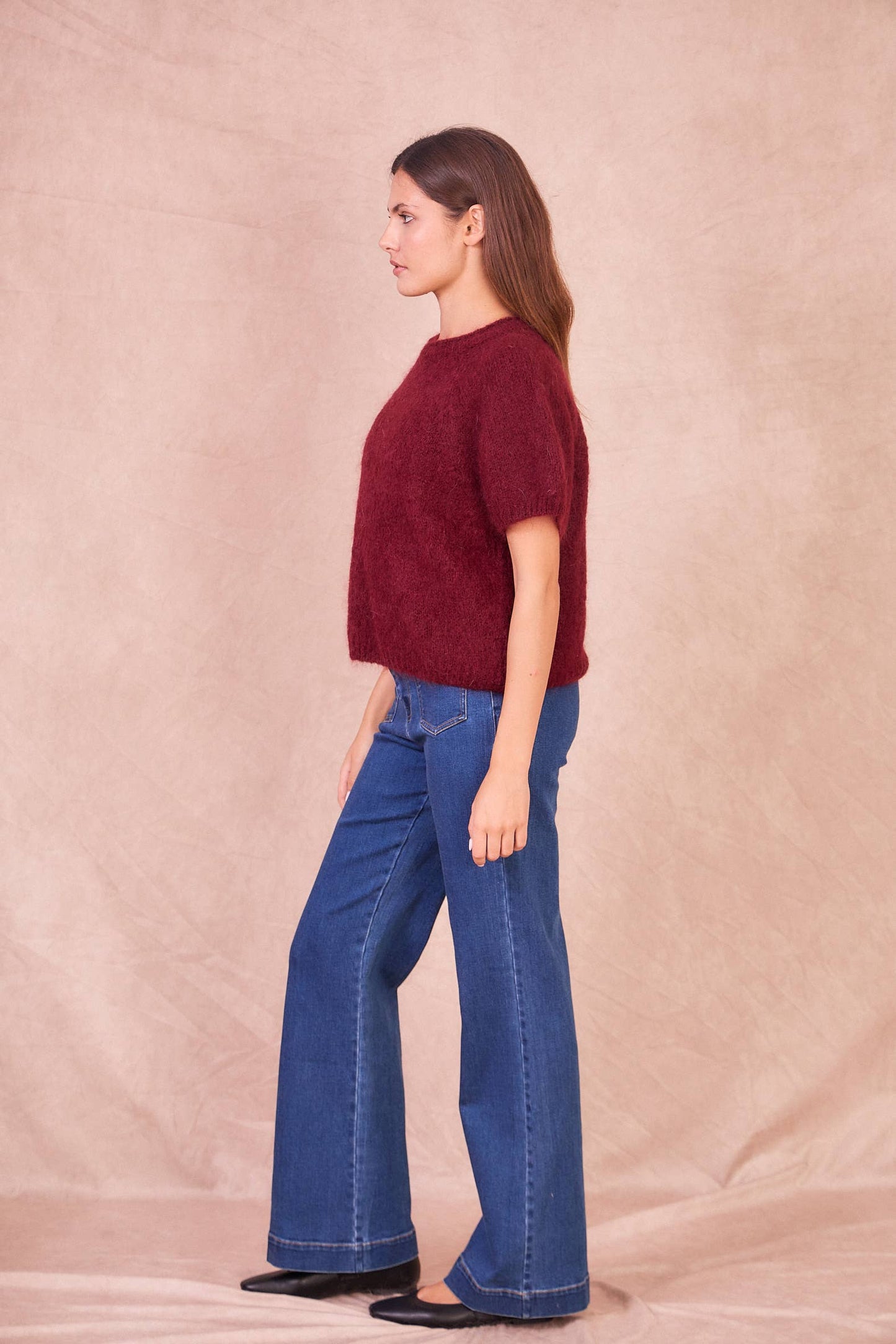 Maglione a Maniche Corte in Misto Mohair: Taupe