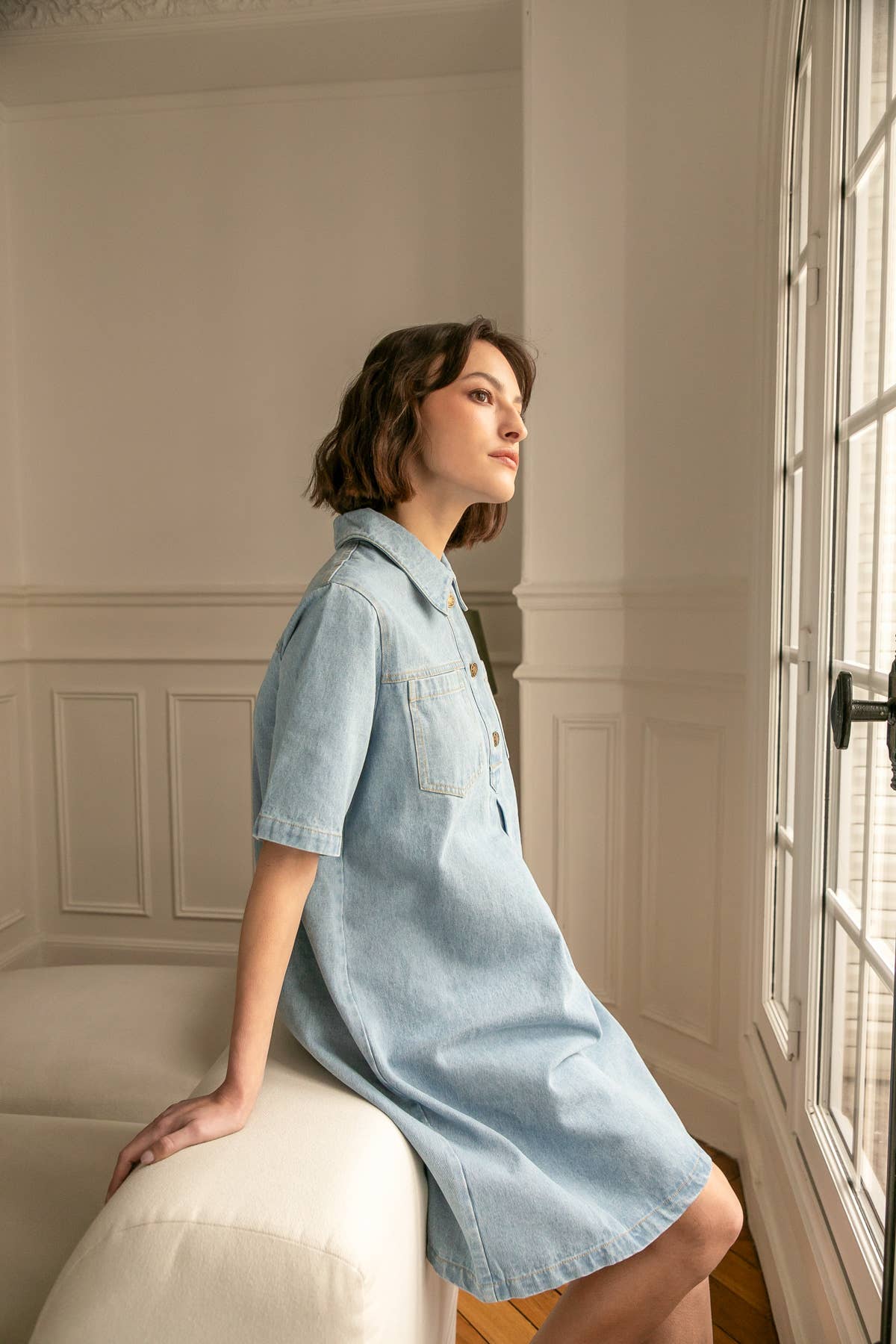 Abito corto in denim Dalia con collo camicia