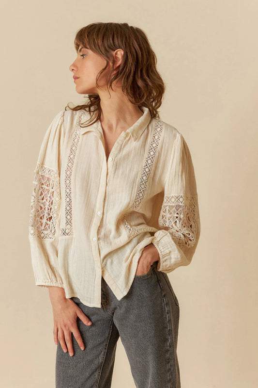 Camicia in doppia garza di cotone ecru